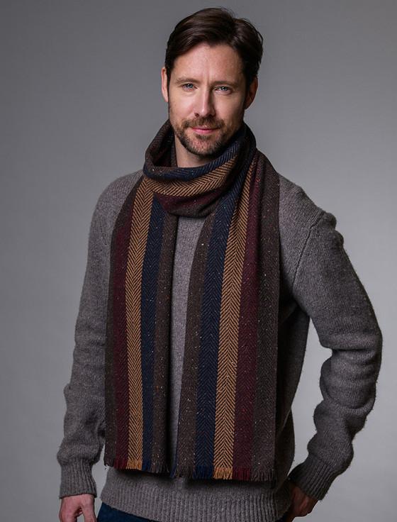 Aran Cashmere Soft Donegal Wool Scarf - Beige Wine & Navy