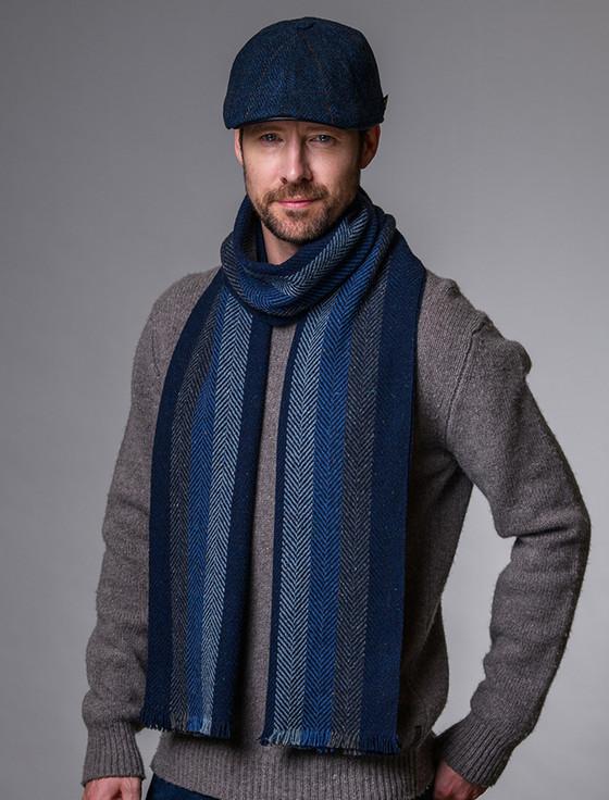 Aran Cashmere Soft Donegal Wool Scarf - Blue Navy & Charcoal