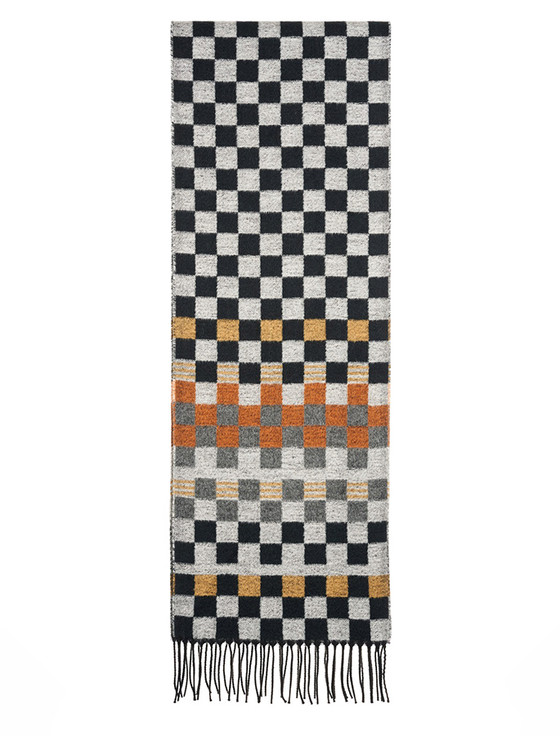 Aran Cashmere Soft Motif Fringed Scarf - Black White & Tan