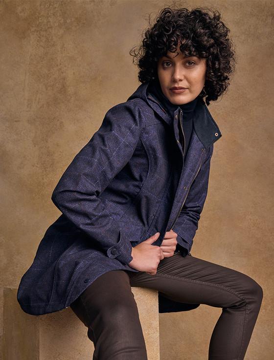 Aran Cashmere Sophia Waterproof Coat - Navy Windowpane