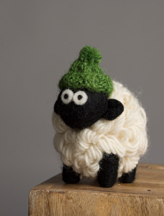 aran cashmere Standing Knitted Mountain Irish Sheep With Green Bobble Hat Collectible