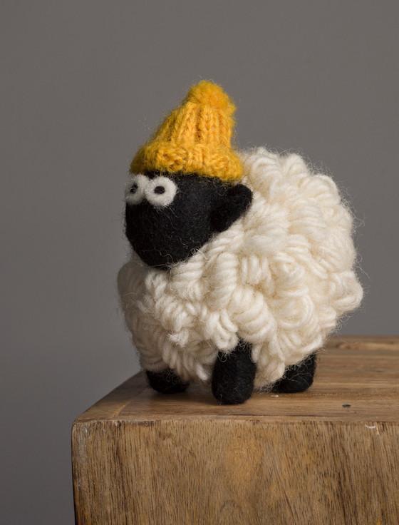 Aran Cashmere Standing Knitted Mountain Irish Sheep With Mustard Bobble Hat Collectible