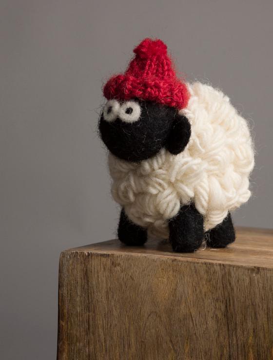 Aran Cashmere Standing Knitted Mountain Irish Sheep With Red Bobble Hat Collectible