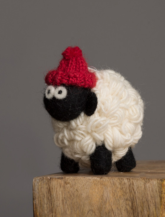 aran cashmere Standing Knitted Mountain Irish Sheep With Red Bobble Hat Collectible