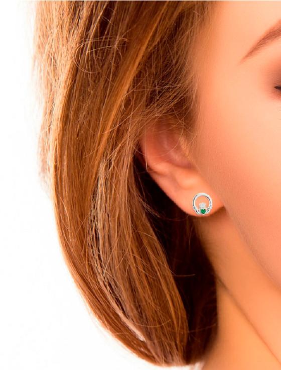 Aran Cashmere Sterling Silver Green Crystal Claddagh Stud Earrings