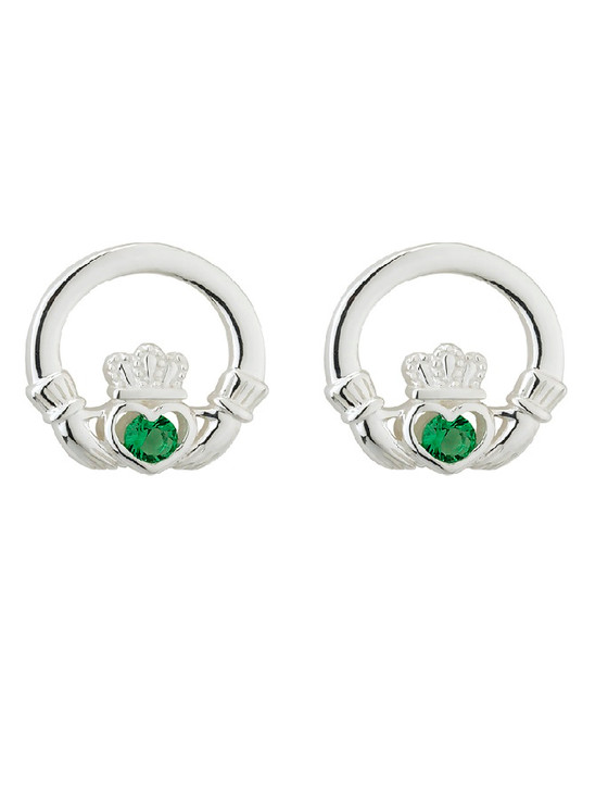 aran cashmere Sterling Silver Green Crystal Claddagh Stud Earrings