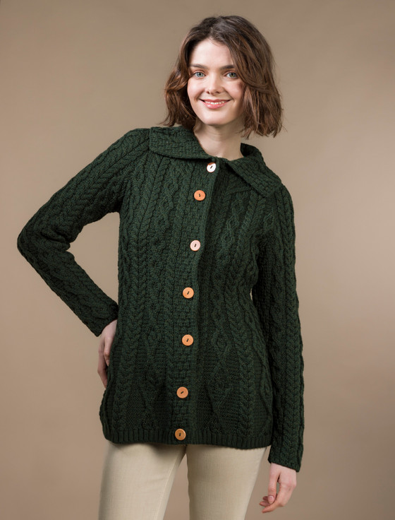 Aran Cashmere Super Sof‎t Luxury Bu‎tton-Up Flared Aran Cardigan‎‎‎‎