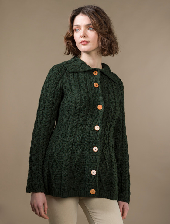 aran cashmere Super Sof‎t Luxury Bu‎tton-Up Flared Aran Cardigan‎‎‎‎