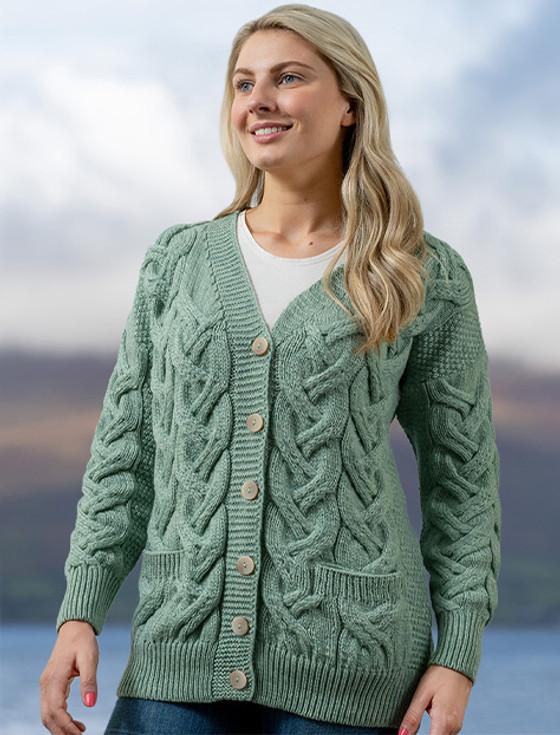 Aran Cashmere Super Soft V- Neck Chunky Cable Knit Cardigan