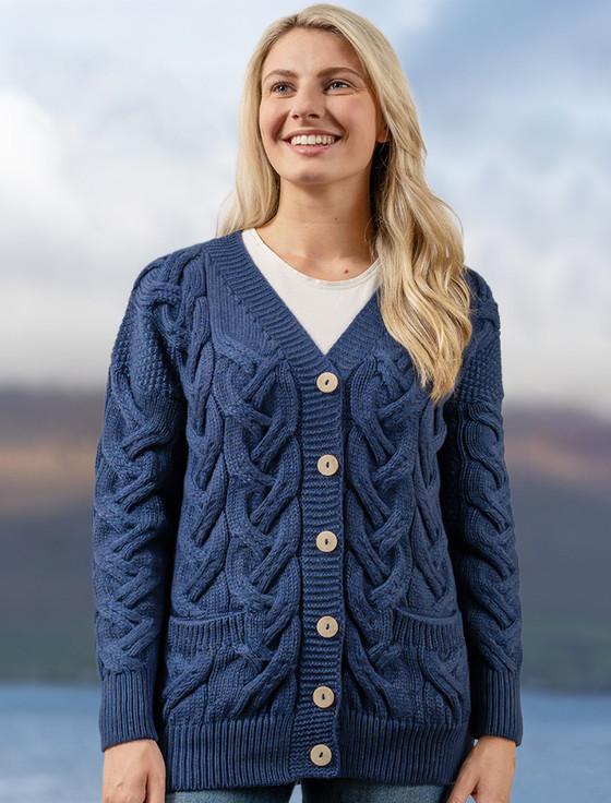 Aran Cashmere Super Soft V- Neck Chunky Cable Knit Cardigan