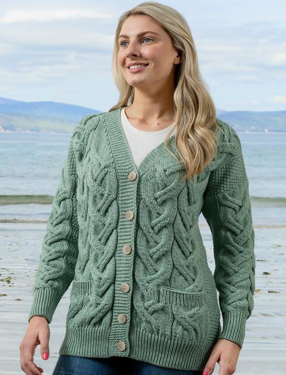 Aran Cashmere Super Soft V- Neck Chunky Cable Knit Cardigan‎
