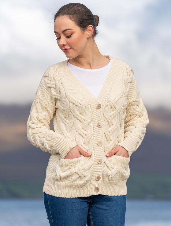 aran cashmere Super Soft V- Neck Chunky Cable Knit Cardigan‎
