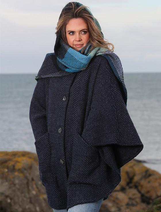 aran cashmere Tina Hooded Swing Cape - Killybegs Indigo