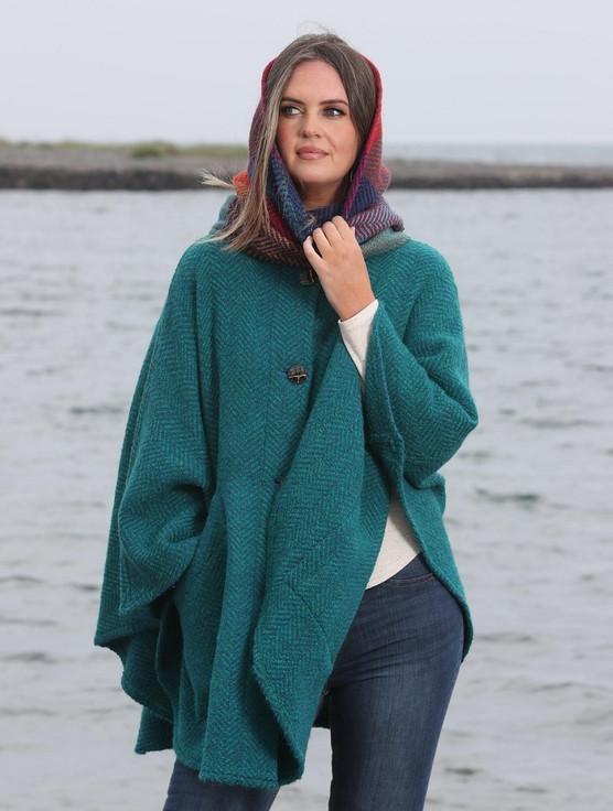 Aran Cashmere Tina Hooded Swing Cape - Killybegs Jade