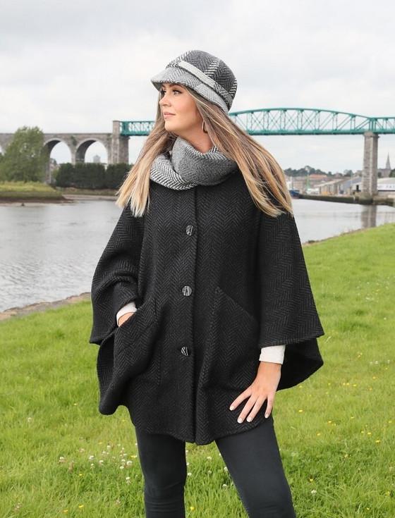 Aran Cashmere Tina Hooded Swing Cape - Killybegs Natural Black