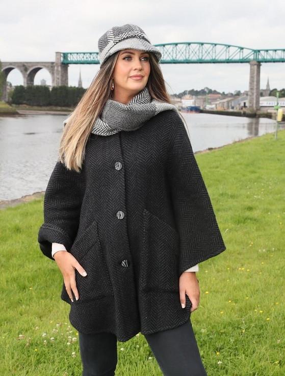 Aran Cashmere Tina Hooded Swing Cape - Killybegs Natural Black
