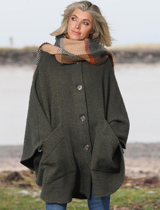 Aran Cashmere Tina Hooded Swing Cape - Killybegs Sage