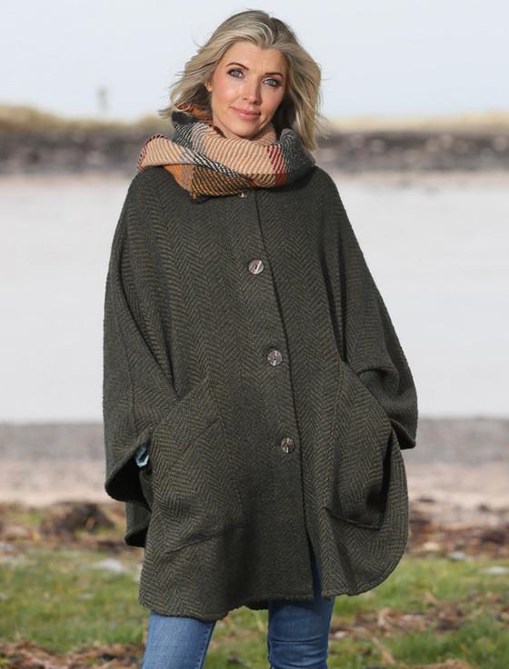 aran cashmere Tina Hooded Swing Cape - Killybegs Sage