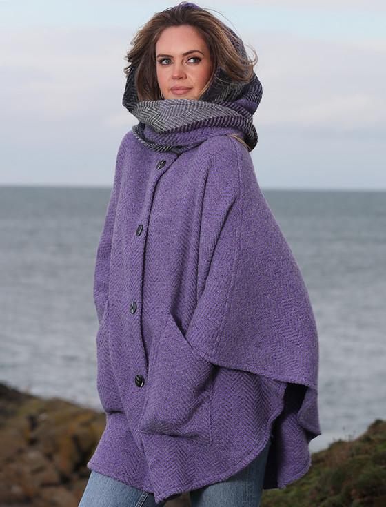 Aran Cashmere Tina Hooded Swing Cape - Killybegs Violet