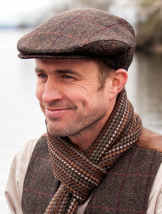 aran cashmere Trinity Tweed Flat Cap - Brown with Red