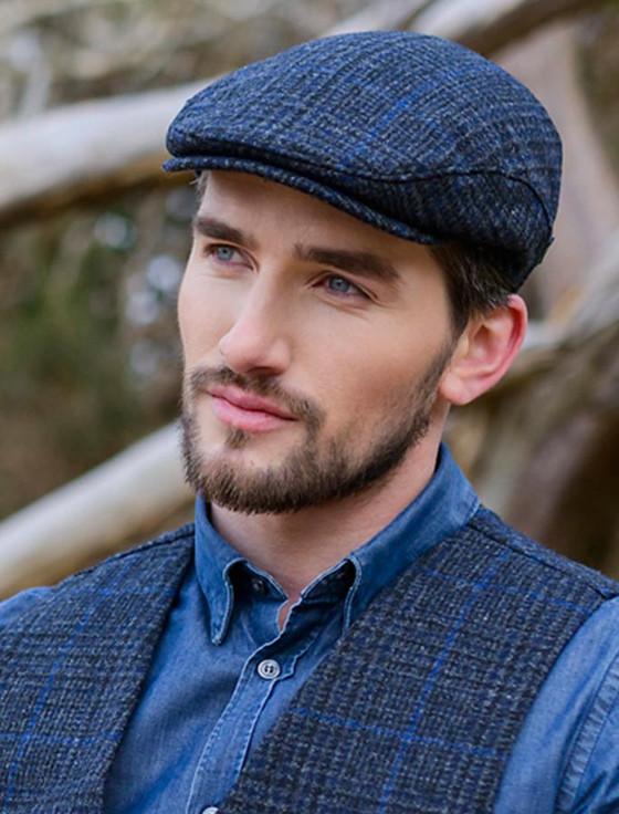 aran cashmere Trinity Tweed Flat Cap - Charcoal with Blue