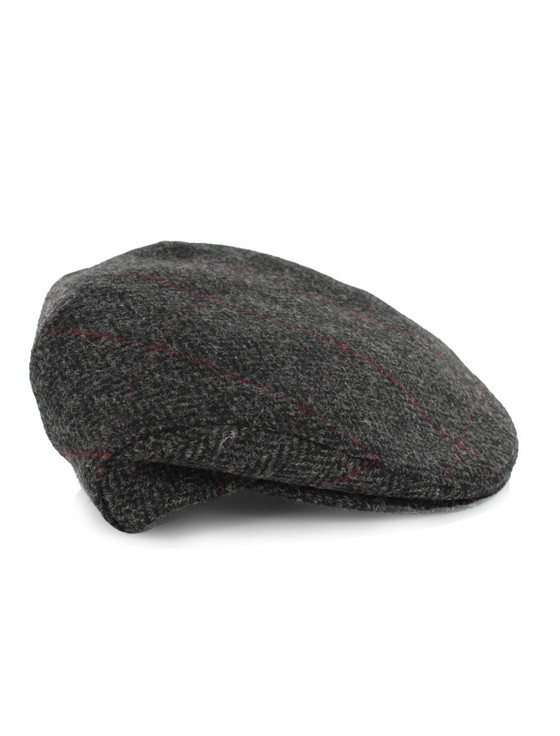 Aran Cashmere Trinity Tweed Flat Cap - Charcoal With Red