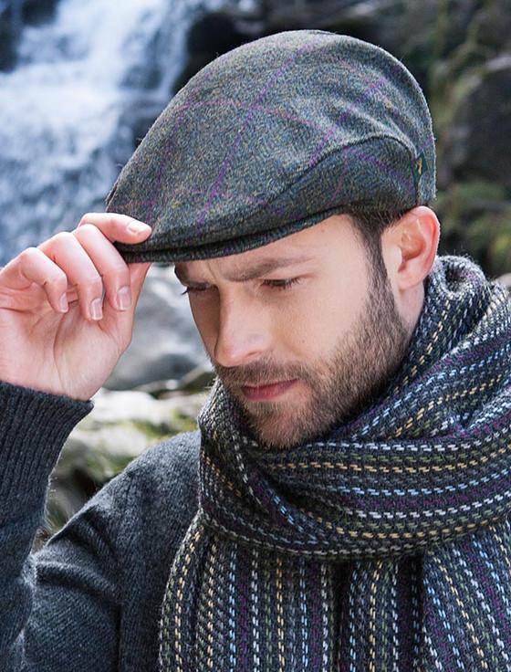 aran cashmere Trinity Tweed Flat Cap - Green with Heather