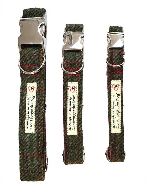 aran cashmere Tweed Dog Collar Metal Buckle - Green Windowpane