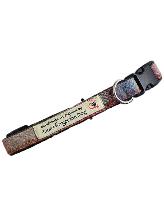 Aran Cashmere Tweed Dog Collar Plastic Buckle - Pink & Blue Plaid