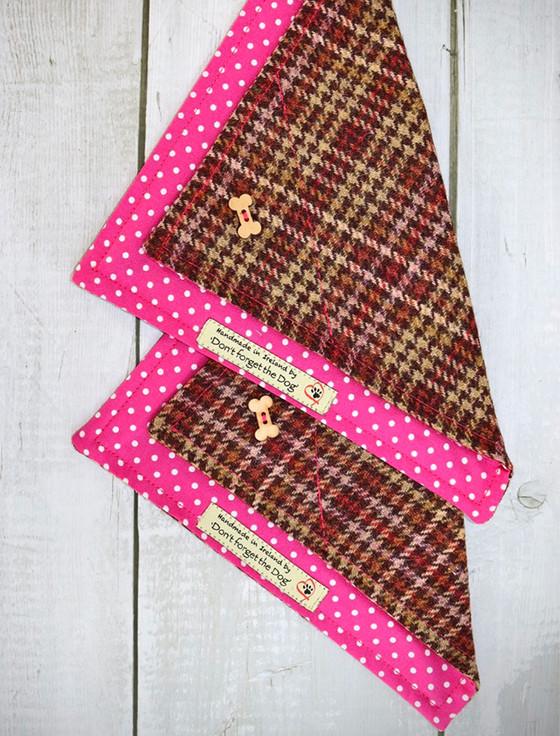 aran cashmere Tweed Doggy Neckerchief Bandana - Pink & Amber Plaid