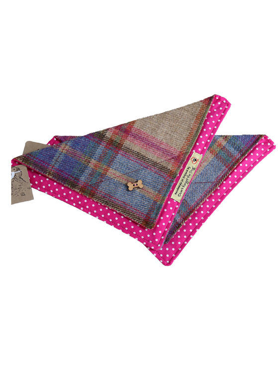 aran cashmere Tweed Doggy Neckerchief Bandana -Pink & Blue Plaid