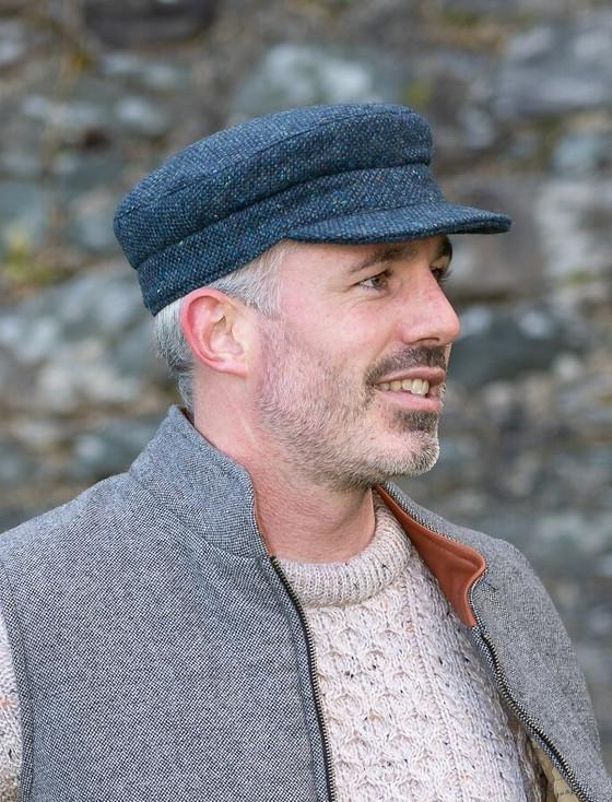 aran cashmere Tweed Skipper Cap- Navy Aqua Salt & Pepper