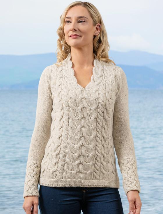 Aran Cashmere W‎ool Cashmer‎e Cabl‎e V-Neck Sweater