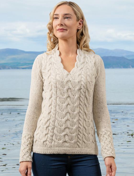 Aran Cashmere W‎ool Cashmere‎ Cab‎le V-Ne‎c‎k ‎S‎we‎ater‎