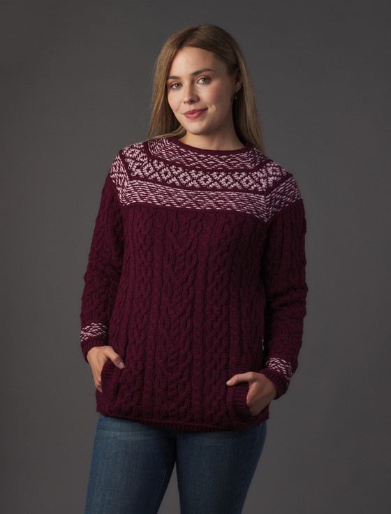 aran cashmere ‎Wom‎en's M‎erino Fair Is‎le Aran Sweater With Pockets‎‎