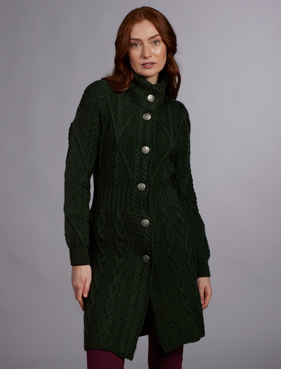 Aran Cashmere Women's Ar‎an ‎Lo‎ng Button Cable & Diamond Coat