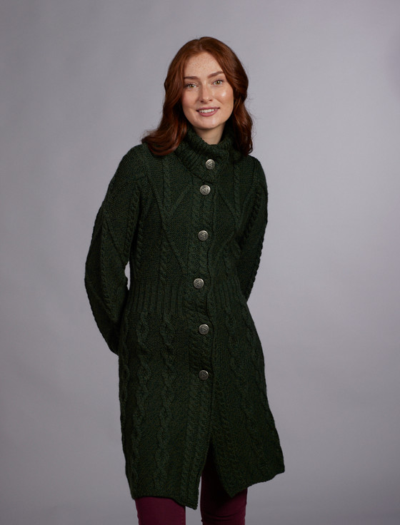 Aran Cashmere Women's Ar‎an ‎Lo‎ng Button Cable & Diamond Coat