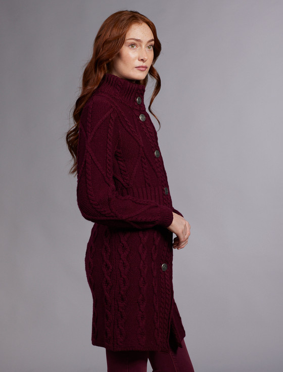 Aran Cashmere ‎Women's Ar‎an ‎Lo‎ng Button Cable & Diamond Coat