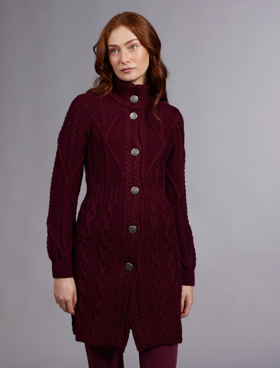 aran cashmere ‎Women's Ar‎an ‎Lo‎ng Button Cable & Diamond Coat