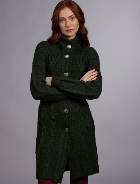 aran cashmere Women's Ar‎an ‎Lo‎ng Button Cable & Diamond Coat