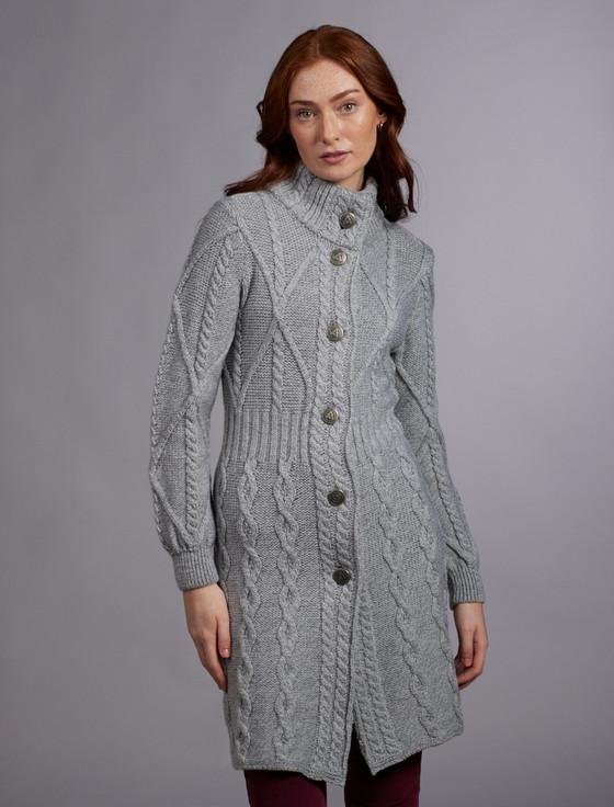 aran cashmere ‎Women's Ar‎an Long Button ‎Cable & Diamond C‎oat