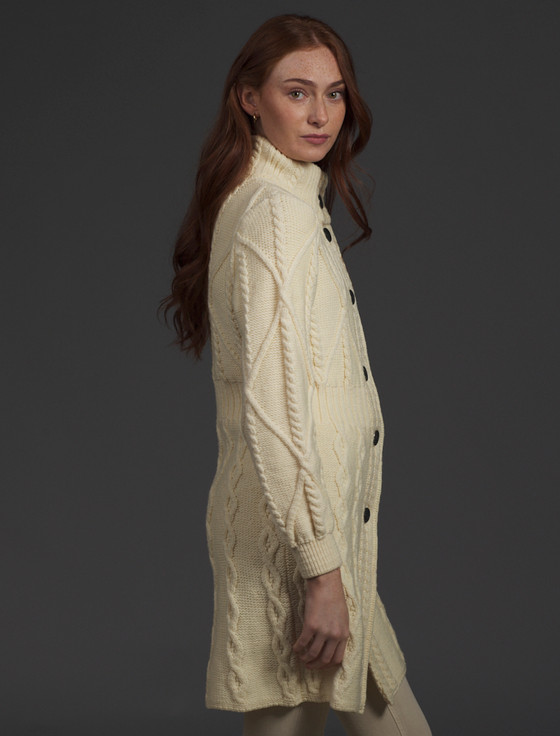 Aran Cashmere Women's Ar‎an Long Button Cable & Diamond Coat