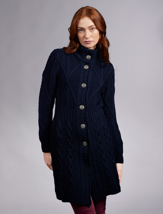 aran cashmere Women's Ar‎an Long Button ‎Cable & Diamond Coat