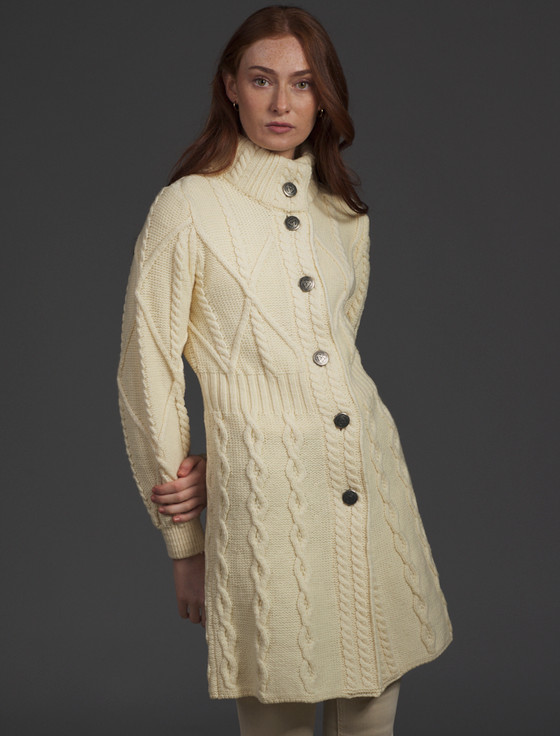 aran cashmere Women's Ar‎an Long Button Cable & Diamond Coat