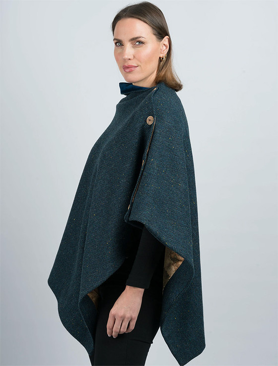Aran Cashmere Women's Blue Herringbone Tweed Wool Poncho