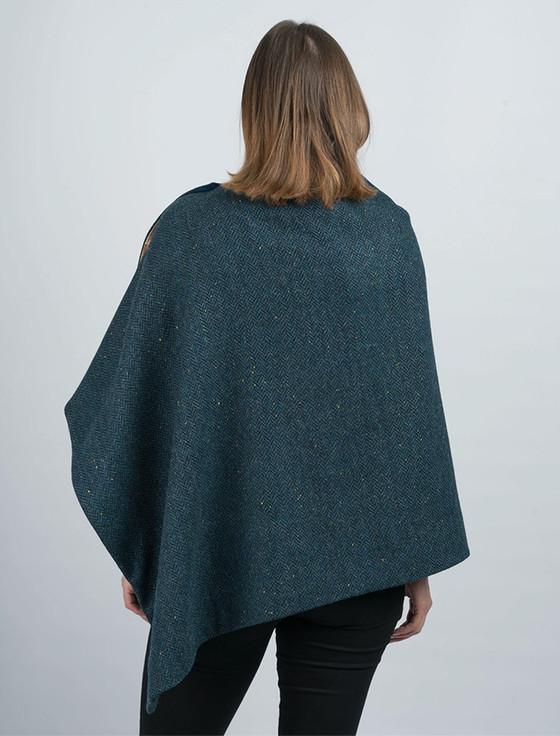 Aran Cashmere Women's Blue Herringbone Tweed Wool Poncho