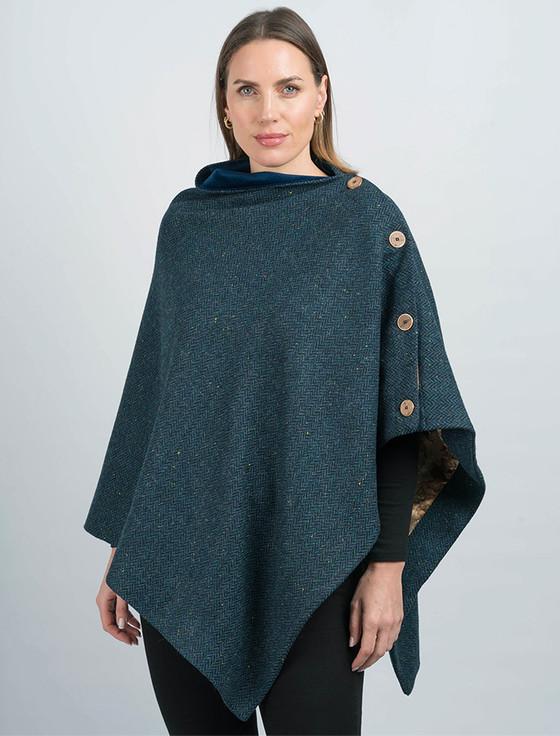 aran cashmere Women's Blue Herringbone Tweed Wool Poncho
