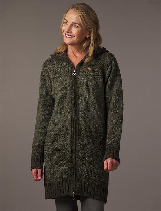 Aran Cashmere Women's Fair Isle Long Hooded Coatigan With Celtic Knot Zipper Pull