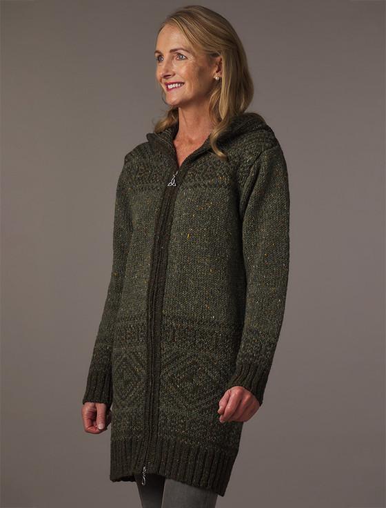 Aran Cashmere Women's Fair Isle Long Hooded Coatigan With Celtic Knot Zipper Pull