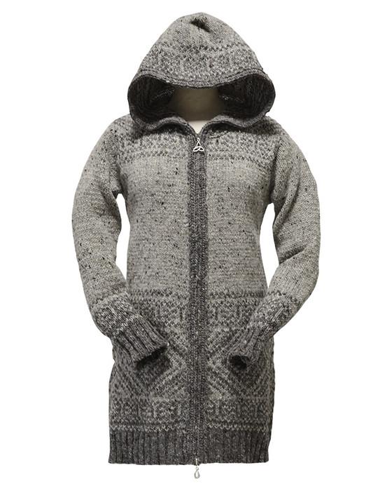 Aran Cashmere Women's Fair Isle Long Hooded Coatigan With Celtic Knot Zipper Pull‎